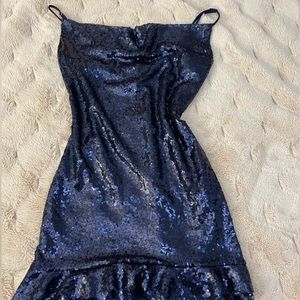 Lucy in the Sky- Josie Iridescent Sequin Slip Dress in Navy - M